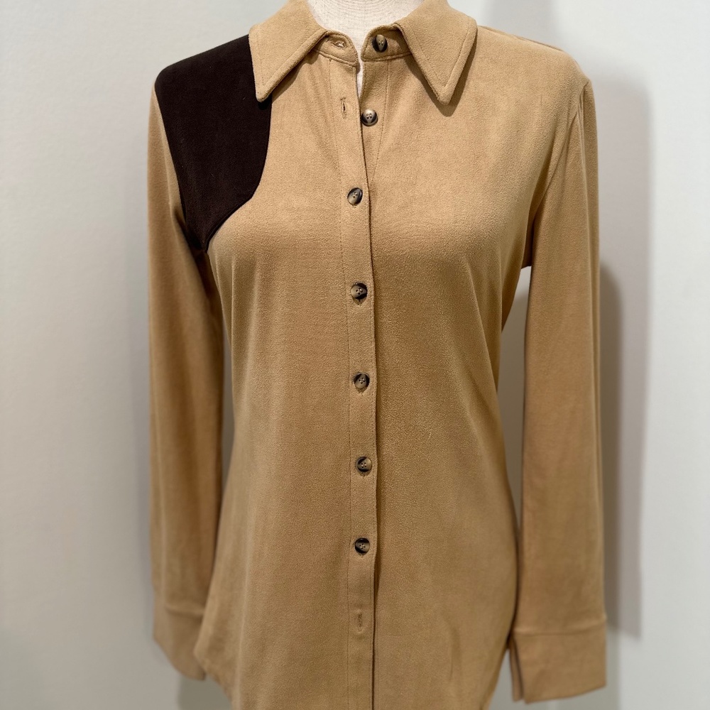 Moda International Tan Faux Suede Button Down Shirt